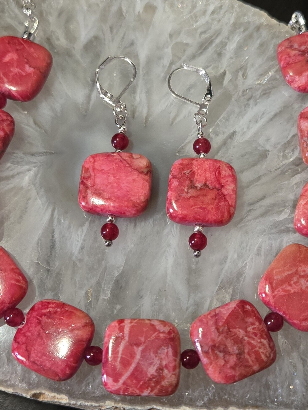 Artisan Pink Sea Sediment Jasper And Ruby Earring And Necklace Set